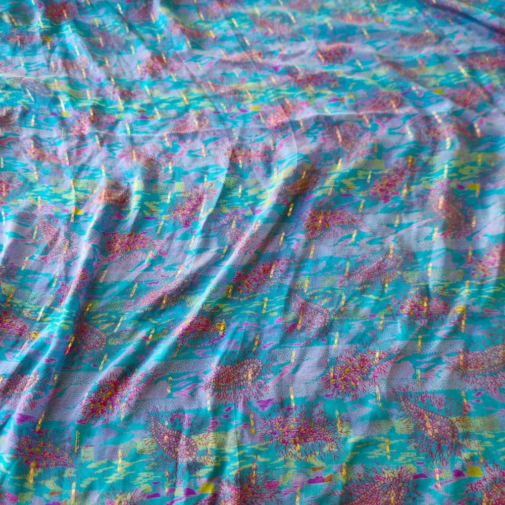 Vintage Silk Paisley Scarf Turquoise Purple Gold Metallic 35x34 Luxury Old Money